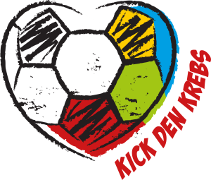 Fußball in Herzform mit Text rechts unten: Kick den Krebs